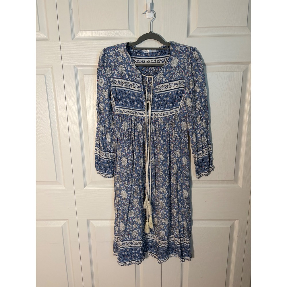 R. Vivimos Blue Floral Boho Tassel Tie Empire Waist Midi Dress Womens Small 4/6
